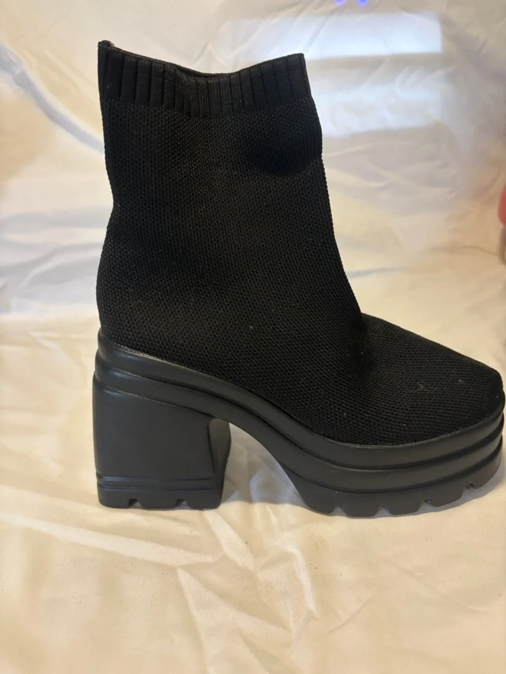 Black Platform Sock Boots - Women's Modern Chunky Heel - Picture 2 of 7